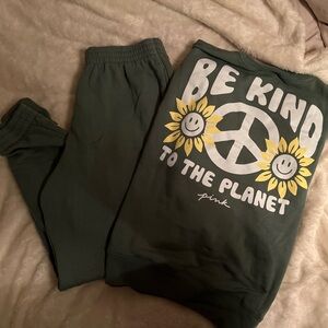 VS Pink - Green 'Be Kind to the Planet' Sweatshirt and Pants Set - like new